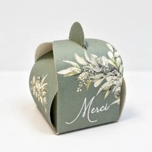 10 Contenants "Merci" Greenery Papier Vert de Gris et Blanc 5x7cm