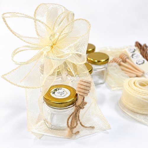 Pack 6 bocaux de miel + sac organza + rubans et décos