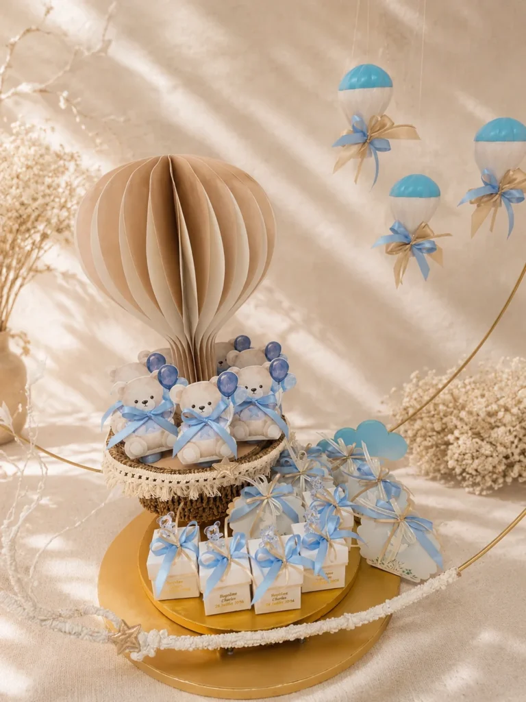 Baptême ourson bleu montgolfière