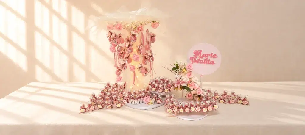 Dragées pour baptême Marie Cécilia thème roses
